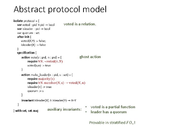 Abstract protocol model voted is a relation. specification { ghost action } } with