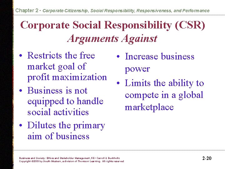 Chapter 2 • Corporate Citizenship, Social Responsibility, Responsiveness, and Performance Corporate Social Responsibility (CSR)