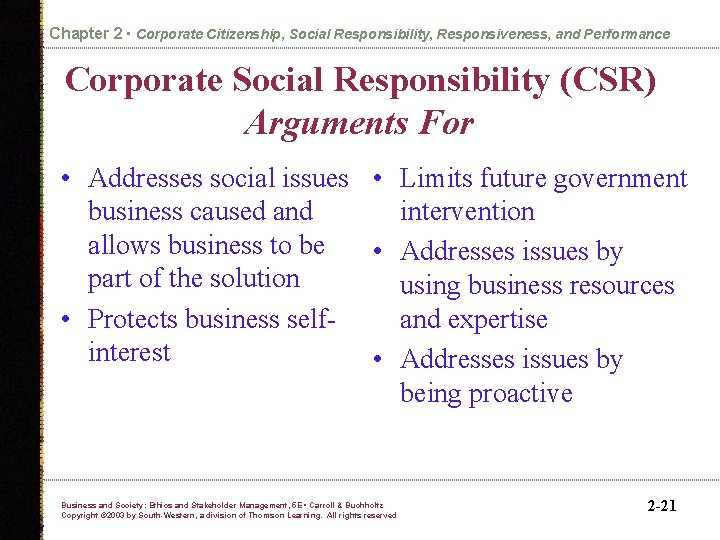 Chapter 2 • Corporate Citizenship, Social Responsibility, Responsiveness, and Performance Corporate Social Responsibility (CSR)