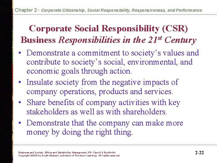 Chapter 2 • Corporate Citizenship, Social Responsibility, Responsiveness, and Performance Corporate Social Responsibility (CSR)