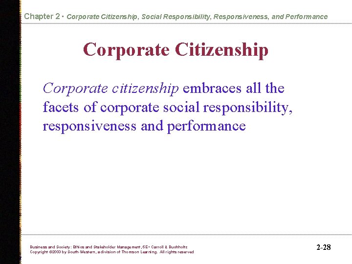 Chapter 2 • Corporate Citizenship, Social Responsibility, Responsiveness, and Performance Corporate Citizenship Corporate citizenship