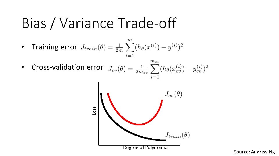 Bias / Variance Trade-off • Training error Loss • Cross-validation error Degree of Polynomial