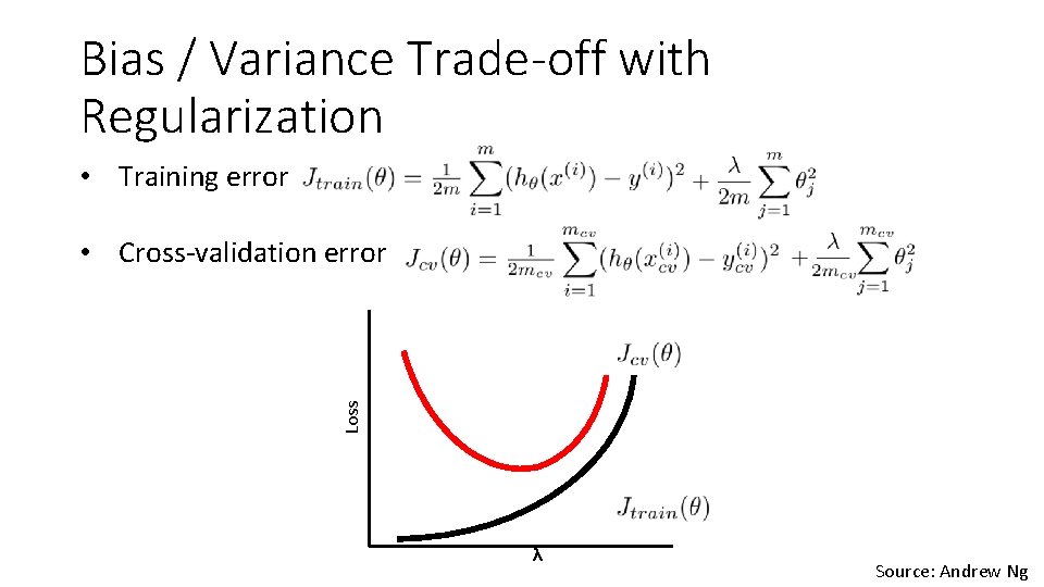 Bias / Variance Trade-off with Regularization • Training error Loss • Cross-validation error λ