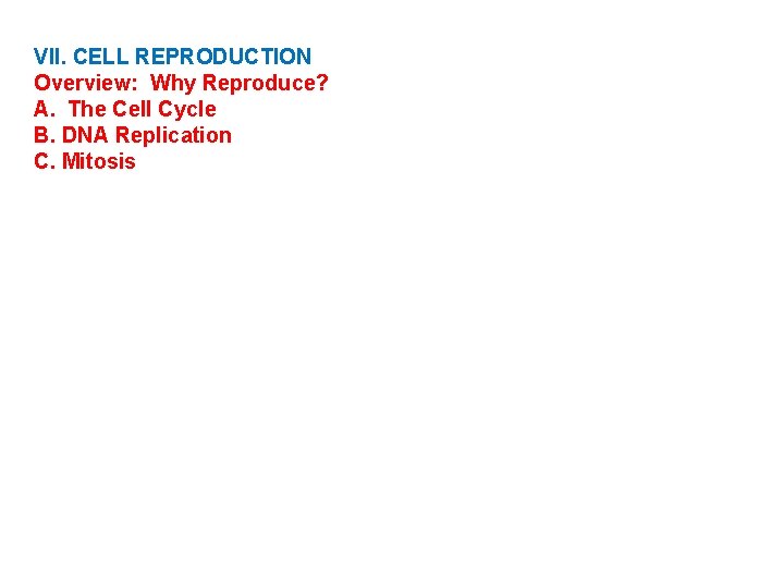 VII. CELL REPRODUCTION Overview: Why Reproduce? A. The Cell Cycle B. DNA Replication C.
