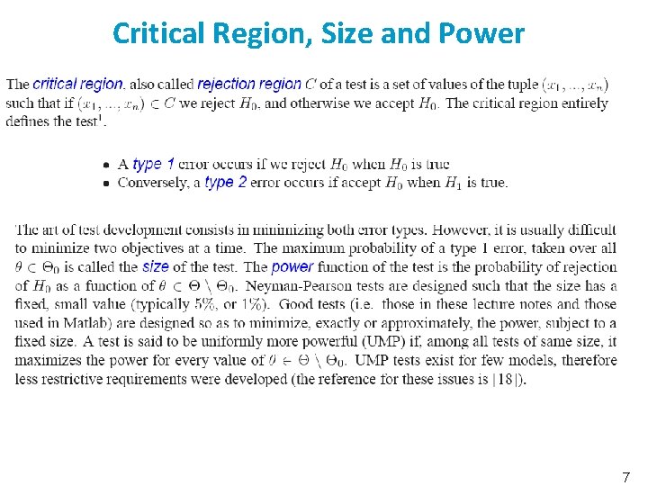 Critical Region, Size and Power 7 