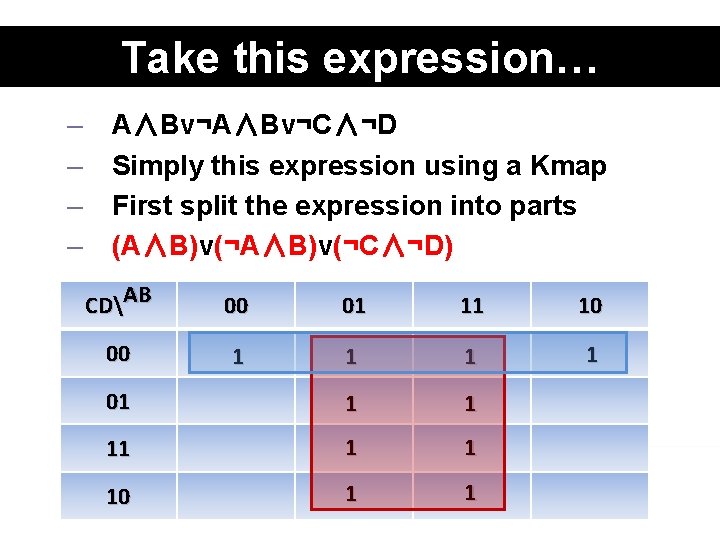 Take this expression… – – A∧Bv¬C∧¬D Simply this expression using a Kmap First split
