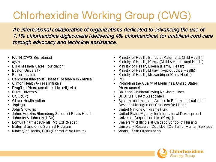 Chlorhexidine Working Group (CWG) An international collaboration of organizations dedicated to advancing the use