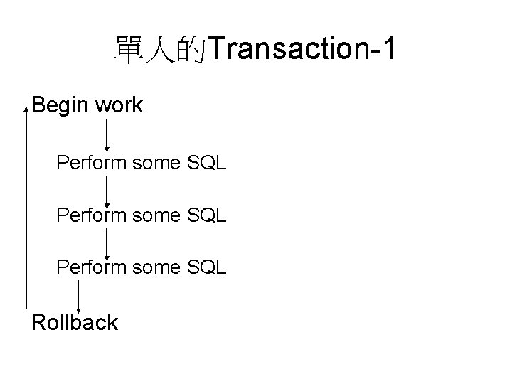 單人的Transaction-1 Begin work Perform some SQL Rollback 
