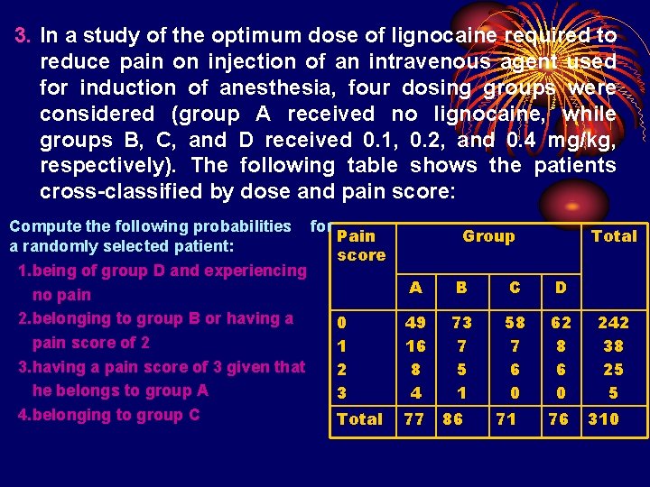 3. In a study of the optimum dose of lignocaine required to reduce pain