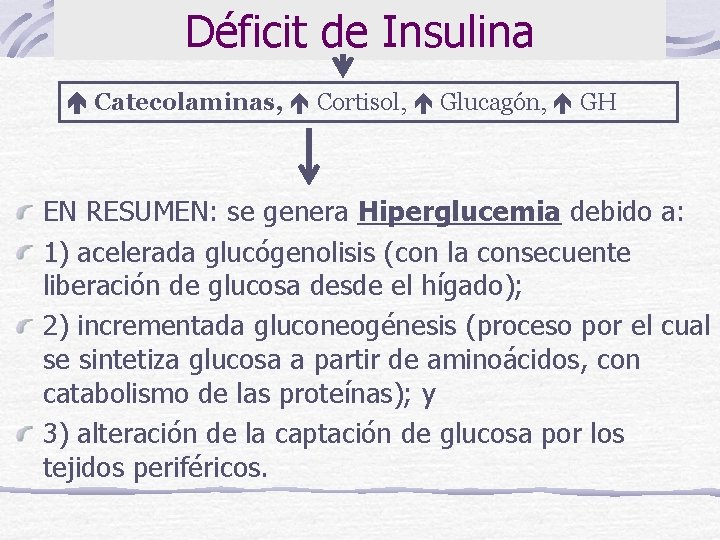 Déficit de Insulina Catecolaminas, Cortisol, Glucagón, GH EN RESUMEN: se genera Hiperglucemia debido a: