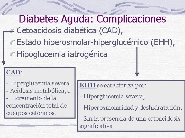 Diabetes Aguda: Complicaciones Cetoacidosis diabética (CAD), Estado hiperosmolar-hiperglucémico (EHH), Hipoglucemia iatrogénica CAD: - Hiperglucemia