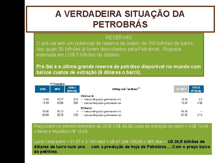 A VERDADEIRA SITUAÇÃO DA PETROBRÁS RESERVAS O pré-sal tem um potencial de reserva da