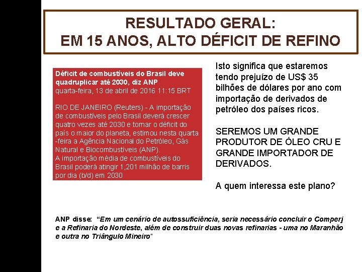 RESULTADO GERAL: EM 15 ANOS, ALTO DÉFICIT DE REFINO Déficit de combustíveis do Brasil