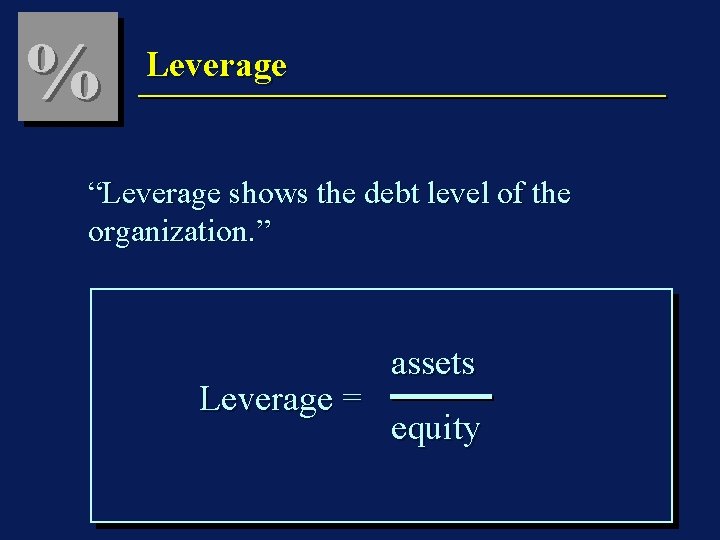 % Leverage “Leverage shows the debt level of the organization. ” Leverage = assets