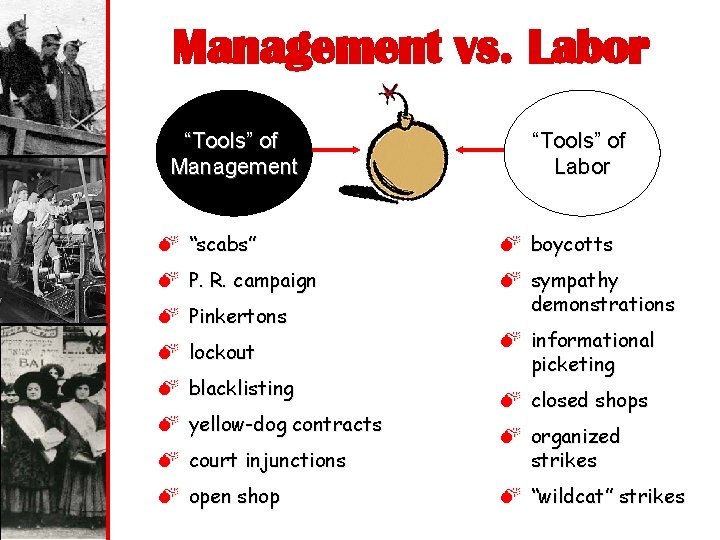 Management vs. Labor “Tools” of Management “Tools” of Labor M “scabs” M boycotts M