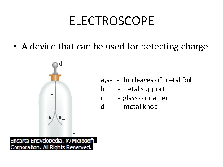 ELECTROSCOPE • A device that can be used for detecting charge a, ab c