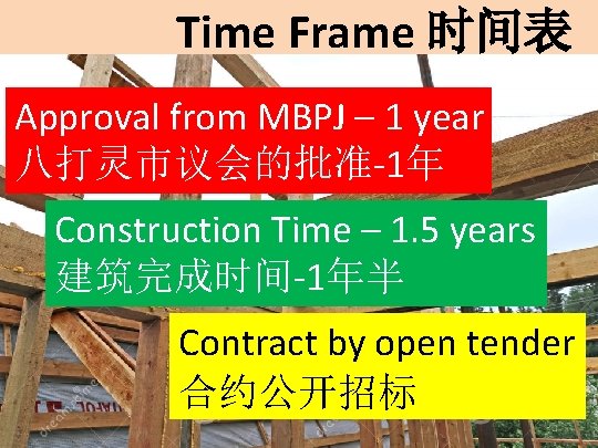 Time Frame 时间表 Approval from MBPJ – 1 year 八打灵市议会的批准-1年 Construction Time – 1.