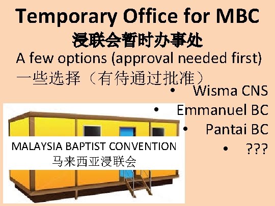 Temporary Office for MBC 浸联会暂时办事处 A few options (approval needed first) 一些选择（有待通过批准） • Wisma