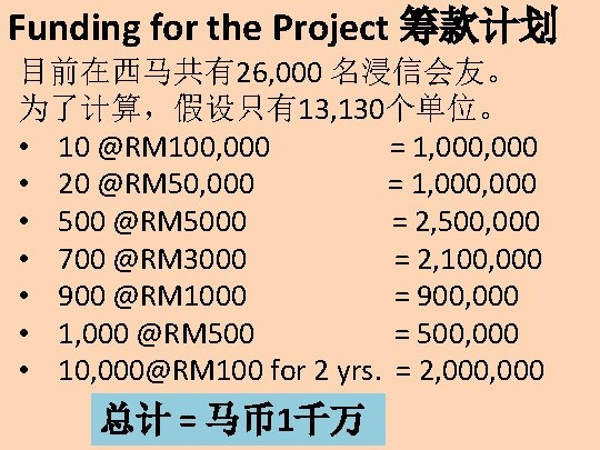 Funding for the Project 筹款计划 目前在西马共有26, 000 名浸信会友。 为了计算，假设只有13, 130个单位。 • 10 @RM 100,