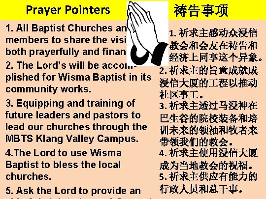 Prayer Pointers 1. All Baptist Churches and members to share the vision, both prayerfully