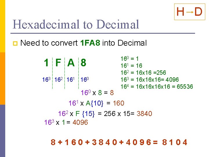 Hexadecimal to Decimal p H D Need to convert 1 FA 8 into Decimal