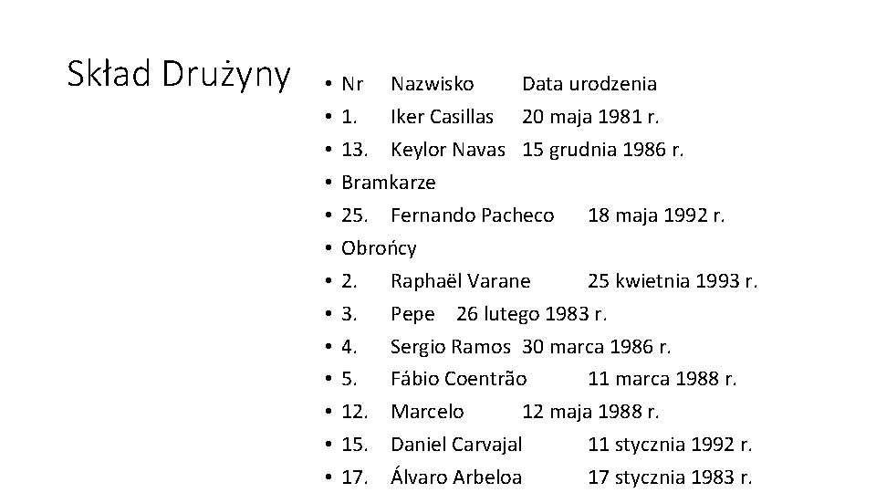 Skład Drużyny • • • • Nr Nazwisko Data urodzenia 1. Iker Casillas 20