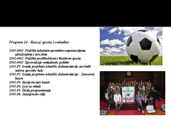 Program 14 –Razvoj sporta i omladine 1301 -0001 Podrška lokalnim sportskim organizacijama, udruženjima i