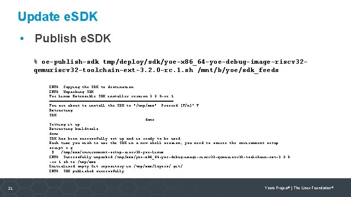 Update e. SDK • Publish e. SDK % oe-publish-sdk tmp/deploy/sdk/yoe-x 86_64 -yoe-debug-image-riscv 32 qemuriscv