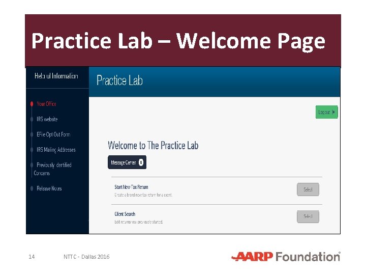 Practice Lab – Welcome Page 14 NTTC - Dallas 2016 