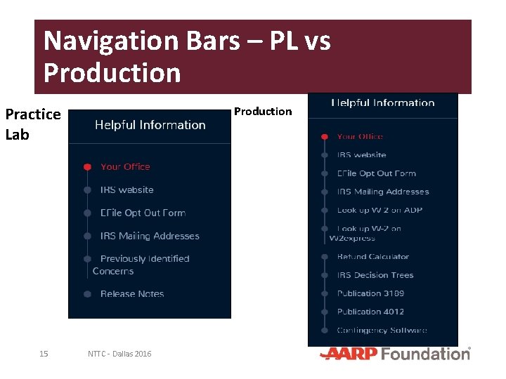 Navigation Bars – PL vs Production Practice Lab 15 Production NTTC - Dallas 2016