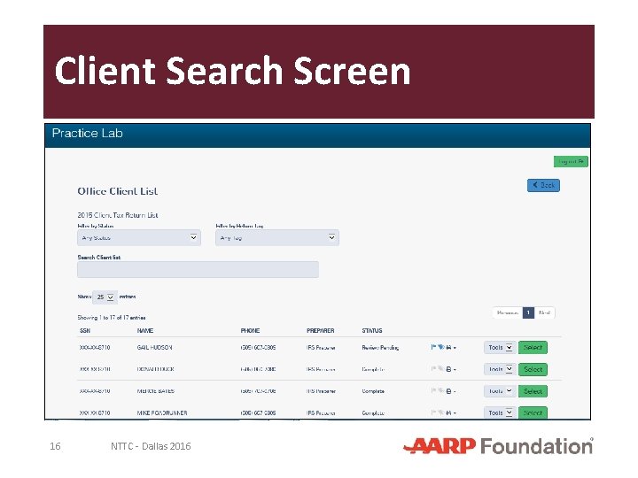 Client Search Screen 16 NTTC - Dallas 2016 