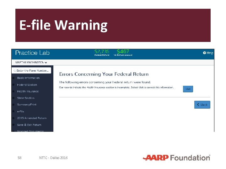 E-file Warning 58 NTTC - Dallas 2016 
