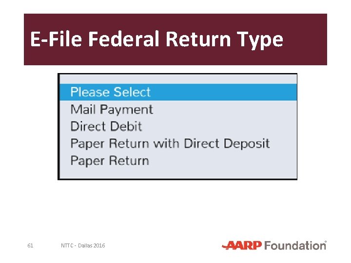 E-File Federal Return Type 61 NTTC - Dallas 2016 