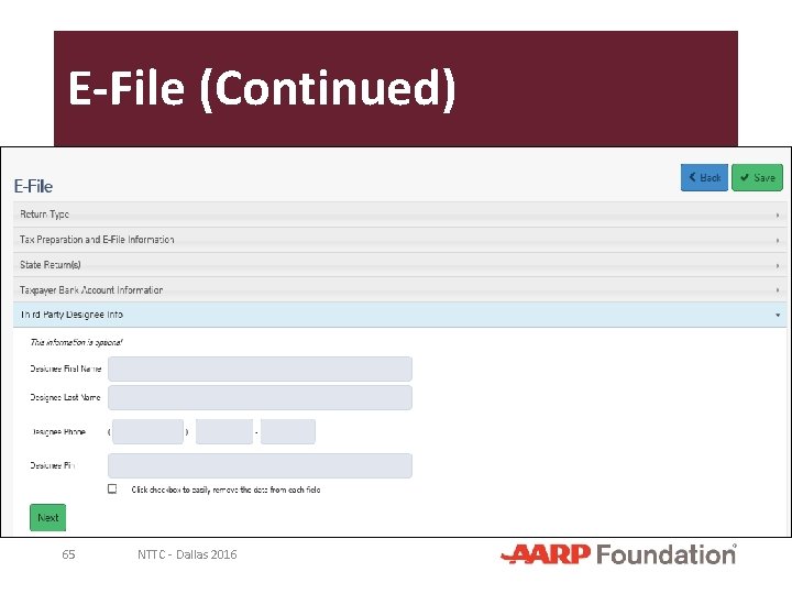 E-File (Continued) 65 NTTC - Dallas 2016 