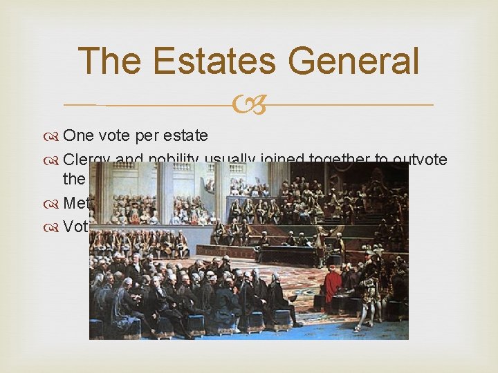 The Estates General One vote per estate Clergy and nobility usually joined together to