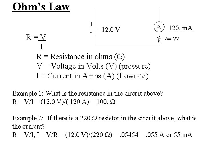 Ohm’s Law + - 12. 0 V R=V I R = Resistance in ohms