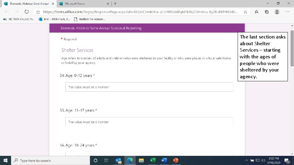 The last section asks about Shelter Services – starting with the ages of people
