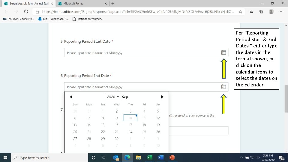 For “Reporting Period Start & End Dates, ” either type the dates in the