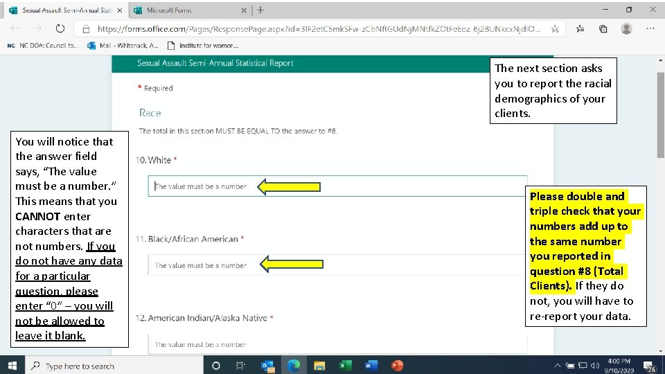 The next section asks you to report the racial demographics of your clients. You