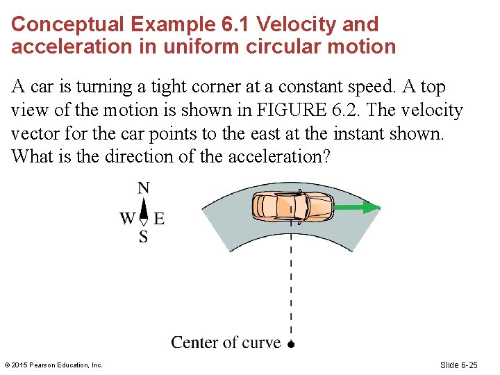 Conceptual Example 6. 1 Velocity and acceleration in uniform circular motion A car is