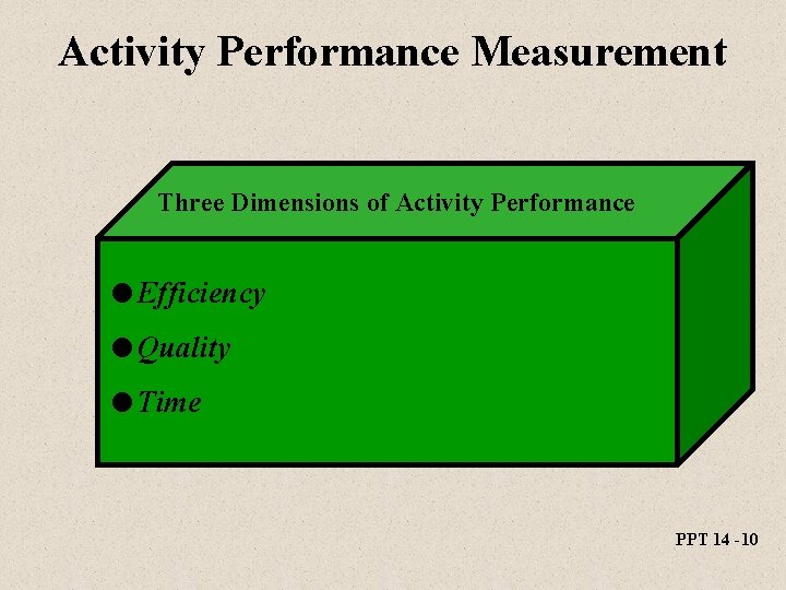 Activity Performance Measurement Three Dimensions of Activity Performance l Efficiency l Quality l Time