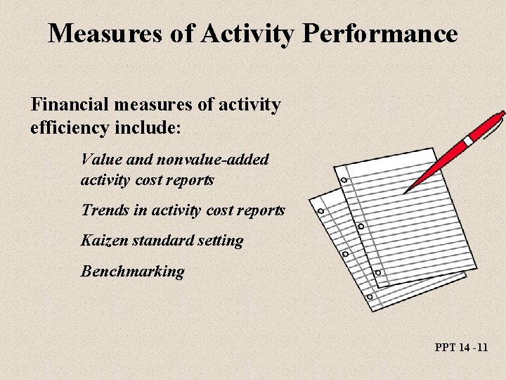 Measures of Activity Performance Financial measures of activity efficiency include: Value and nonvalue-added activity