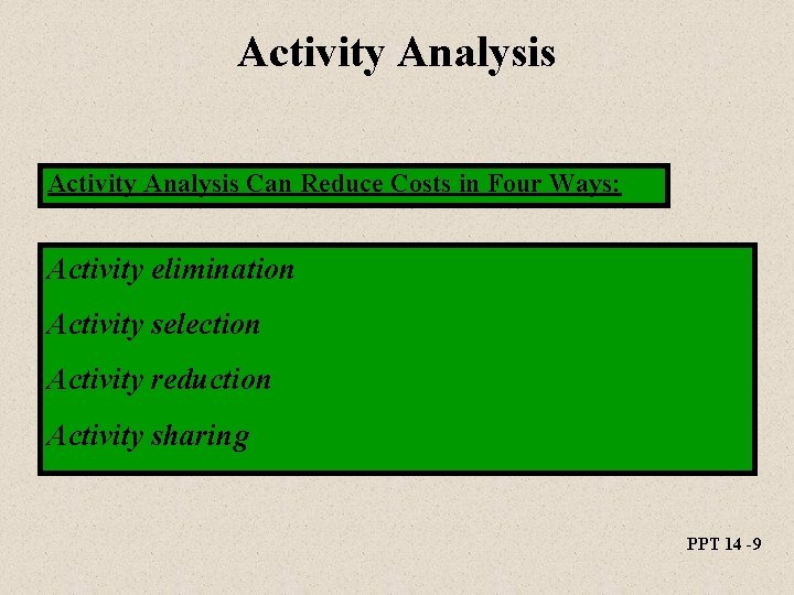 Activity Analysis Can Reduce Costs in Four Ways: Activity elimination Activity selection Activity reduction