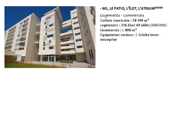 - M 1, LE PATIO, L’ÎLOT, L’ATRIUM²²²²²² Logements - commerces Surface construite : 28