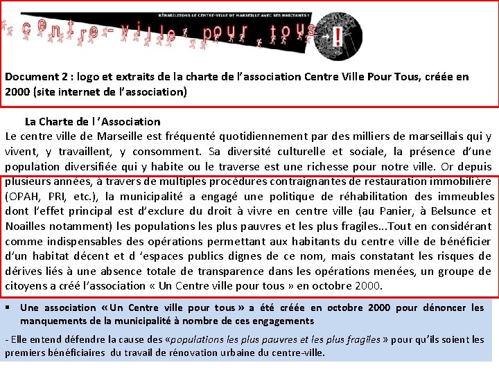 Document 2 : logo et extraits de la charte de l’association Centre Ville Pour