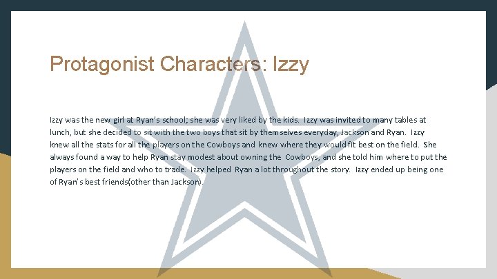 Protagonist Characters: Izzy was the new girl at Ryan’s school; she was very liked