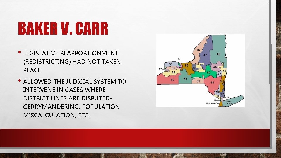 BAKER V. CARR • LEGISLATIVE REAPPORTIONMENT (REDISTRICTING) HAD NOT TAKEN PLACE • ALLOWED THE