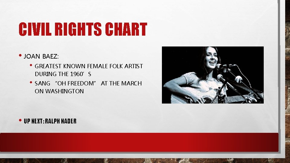 CIVIL RIGHTS CHART • JOAN BAEZ: • GREATEST KNOWN FEMALE FOLK ARTIST DURING THE