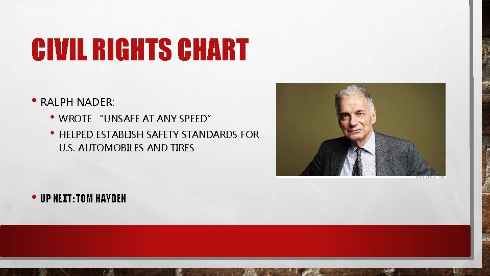 CIVIL RIGHTS CHART • RALPH NADER: • WROTE “UNSAFE AT ANY SPEED” • HELPED