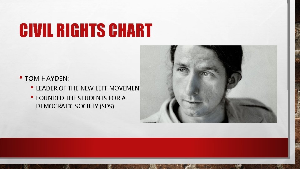 CIVIL RIGHTS CHART • TOM HAYDEN: • LEADER OF THE NEW LEFT MOVEMENT •